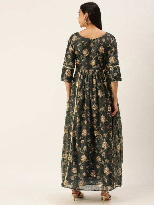 Ethnovog Green  Golden Floral Satin Made To Measure Maxi Dress