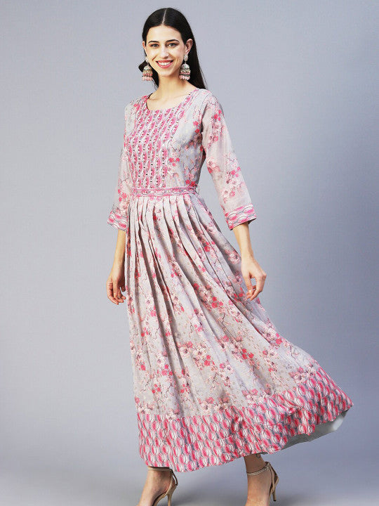 FASHOR Round Neck Floral Printed Silk Maxi Dress