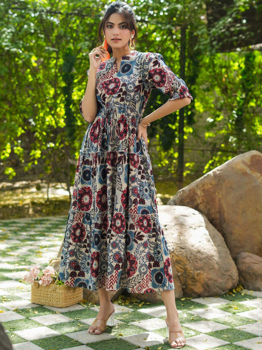 Floral Printed Pure Cotton Fit & Flare Midi Dress
