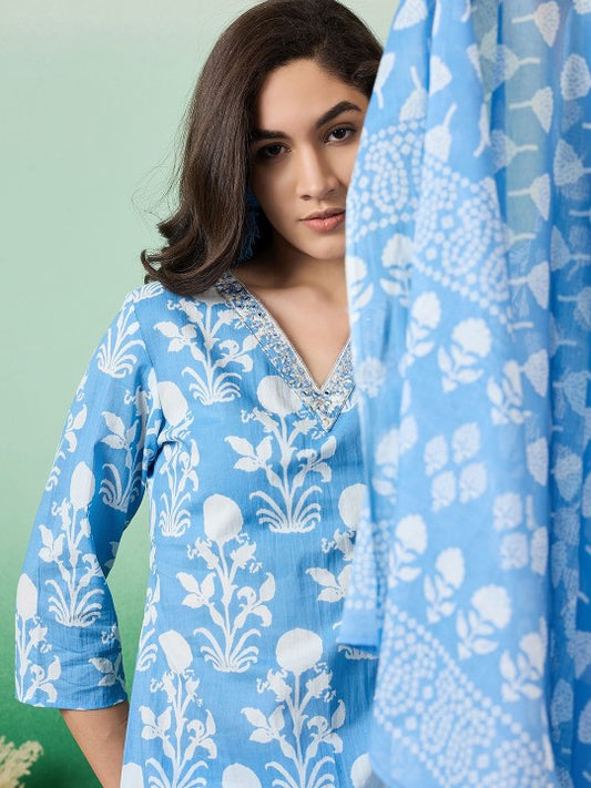 Printed & Embroidered Pure Cotton Straight Kurta With Trouser & Dupatta Set