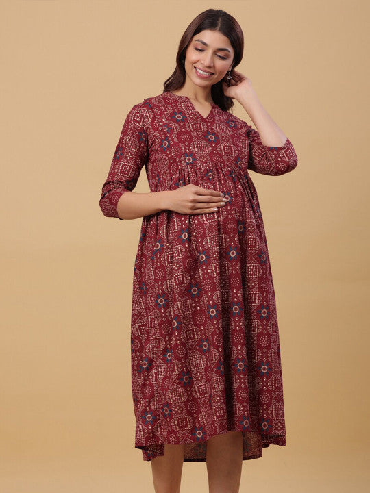 CRAFIQA Ethnic Motif Printed Maternity Empire Midi Cotton Dress