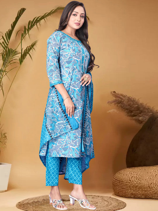 Anouk Blue Geometric Printed Pure Cotton Kurta With Trousers & Dupatta