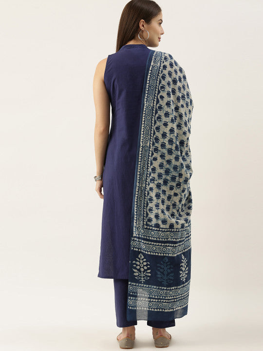 Taavi Women Navy Blue Indigo Hand Block Print Pure Cotton Kurta Set