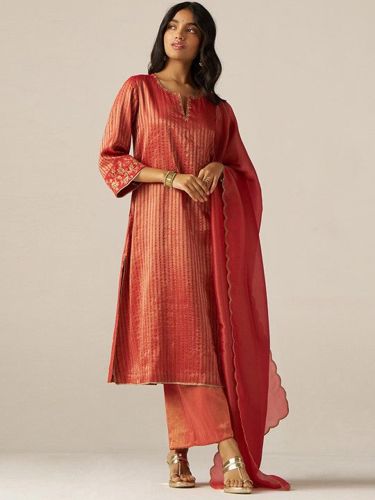 Ganga Striped Woven Design Notch Neck Tissue Straight Kurta