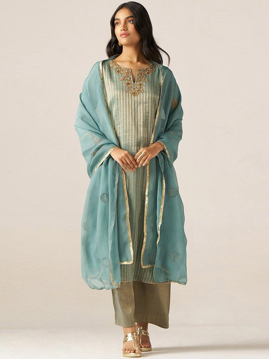Ganga Striped Woven Design Thread Work Tissue Straight Kurta