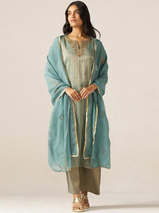 Ganga Striped Woven Design Thread Work Tissue Straight Kurta