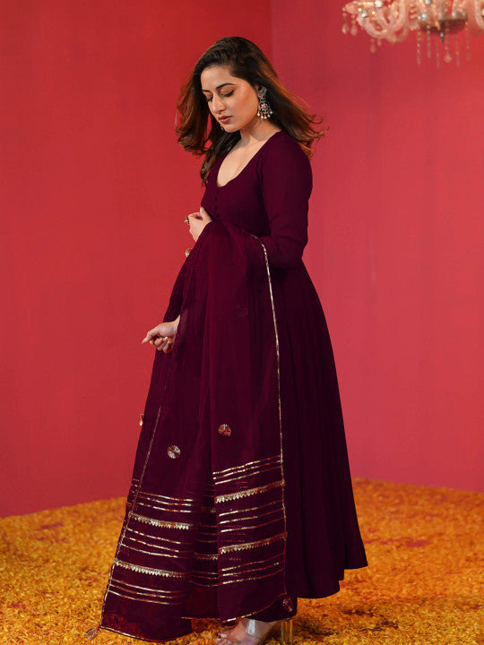 GoSriKi Solid Anarkali Kurta with Trousers & Dupatta