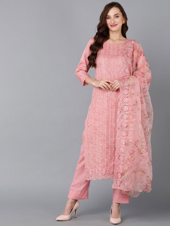 AHIKA Peach-Coloured Ethnic Motifs Embroidered Sequinned Kurta