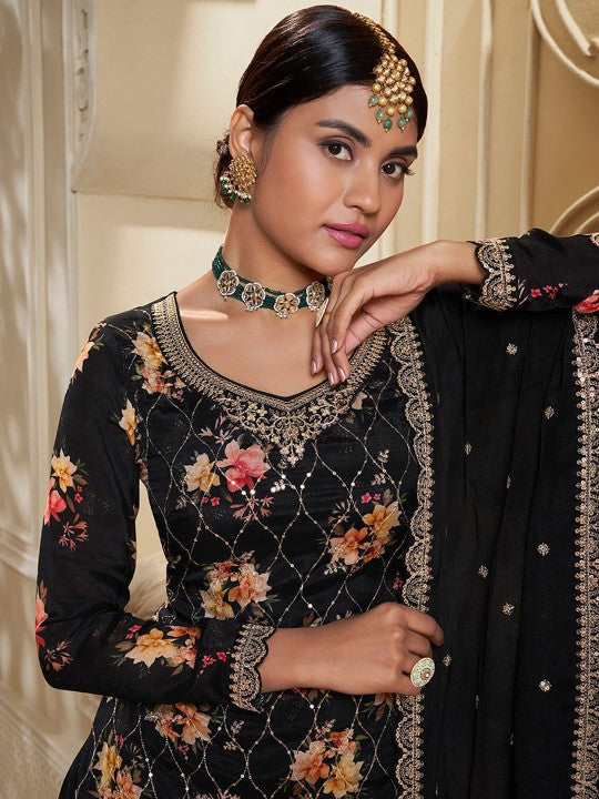 Neck Long Sleeves Ethnic Printed Silk Chiffon Kurti