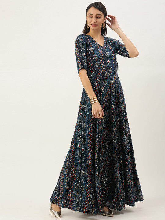 Ethnovog Blue Printed Made To Measure Maxi Dress