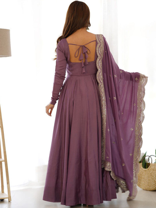 Neck Pleated Anarkali Kurta With Trousers & Dupatta