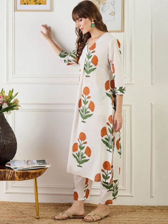 Indo Era Printed Cotton V Neck Top With Trousers Co-Ords