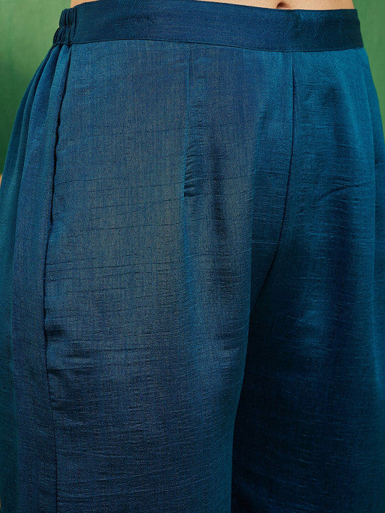 Zari & Sequence Embroidered Round Neck Anarkali Kurta With Trousers & Dupatta