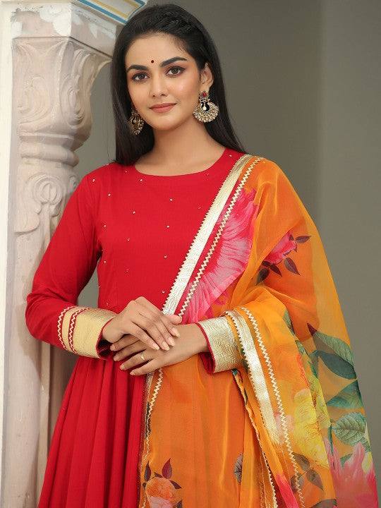 GILLORI Sequined & Gotta Patti Pure Cotton Anarkali Kurta & Trousers With Dupatta