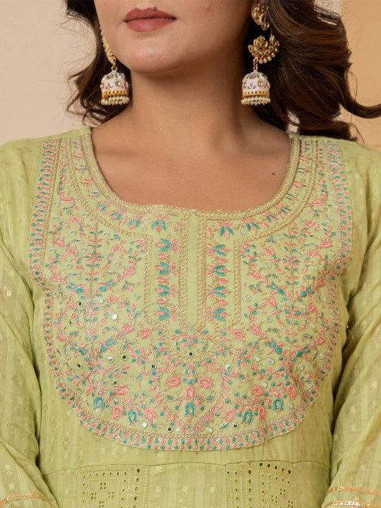 Varanga Mirror Embroidered Pure Cotton Schiffli Anarkali Kurta With Trousers And Dupatta