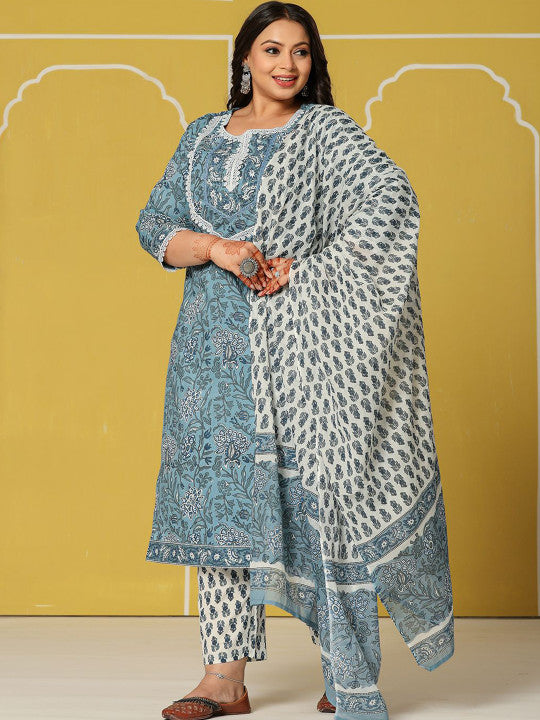 Yufta Plus Size Floral Printed Sequinned Pure Cotton Kurta With Trouser And Dupatta