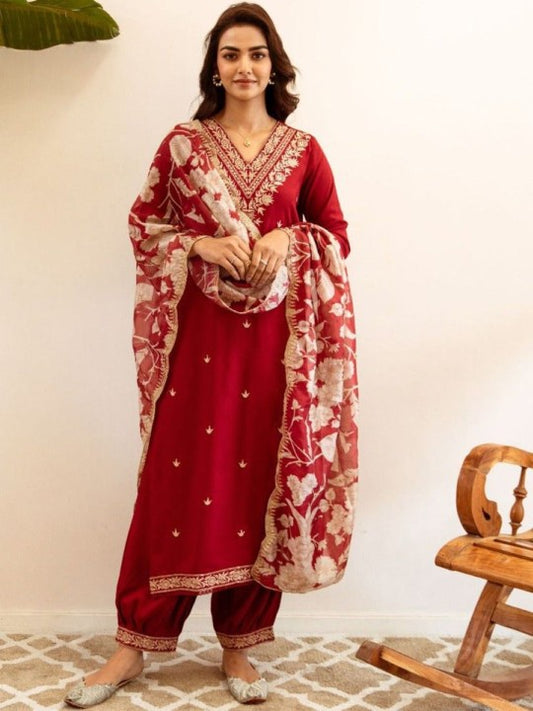 AUTUMN LANE Floral Embroidered V-Neck Pure Cotton Straight Kurta with Salwar & Dupatta