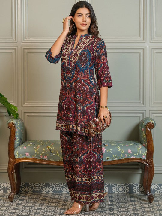 AUTUMN LANE Tashvika Jay Printed Mandarin Collar Pure Cotton Tunic With Palazzo Co-Ords