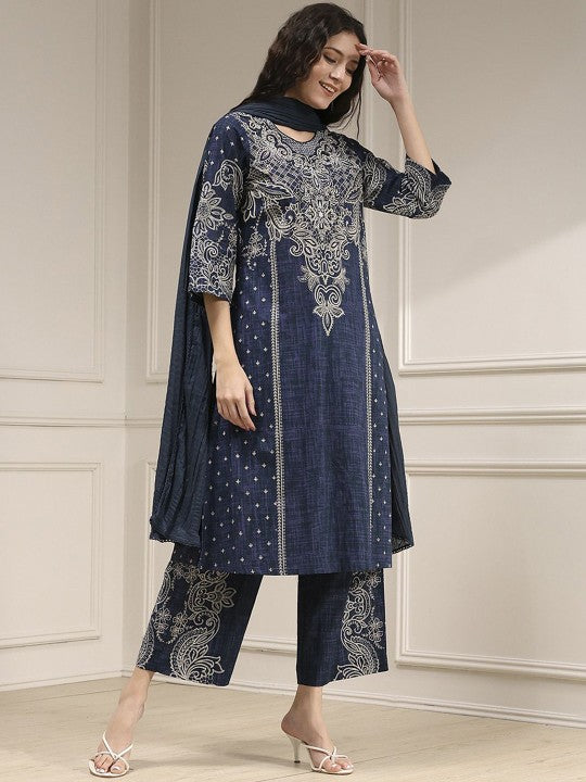 Biba Women Ethnic Motifs Embroidered Cotton Kurta with Trouser & Dupatta