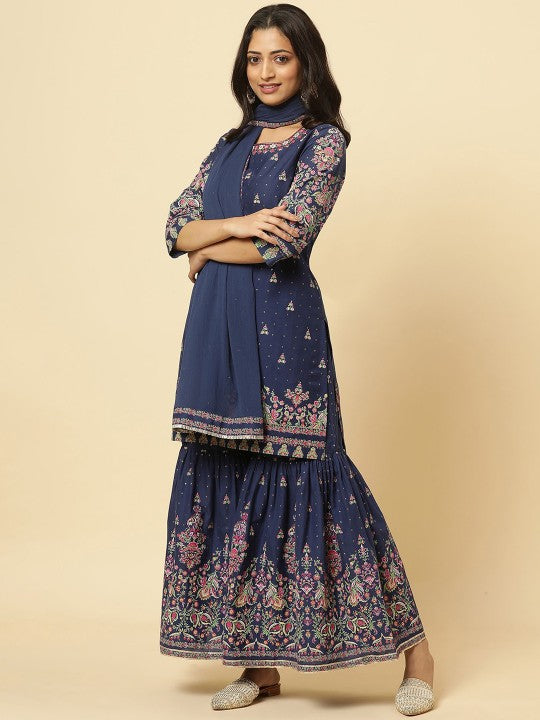 W Floral Printed Thread Work Pure Cotton Straight Kurta with Sharara & With Dupatta