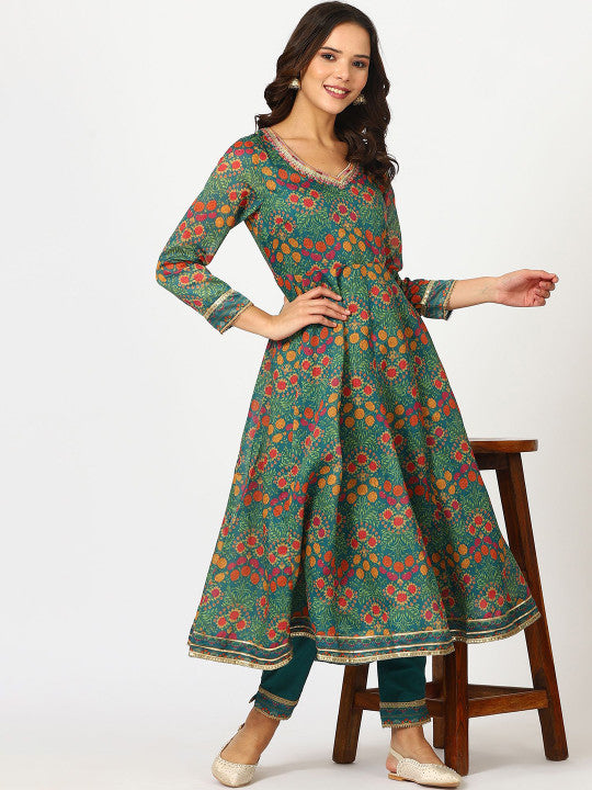 W Teal Blue Floral Printed Three-Quarter Sleeves Sequinned Kurta & Trouser & Dupatta
