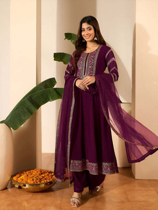 Inddus Ethnic Motifs Embroidered Empire Anarkali Kurta With Trousers & Dupatta