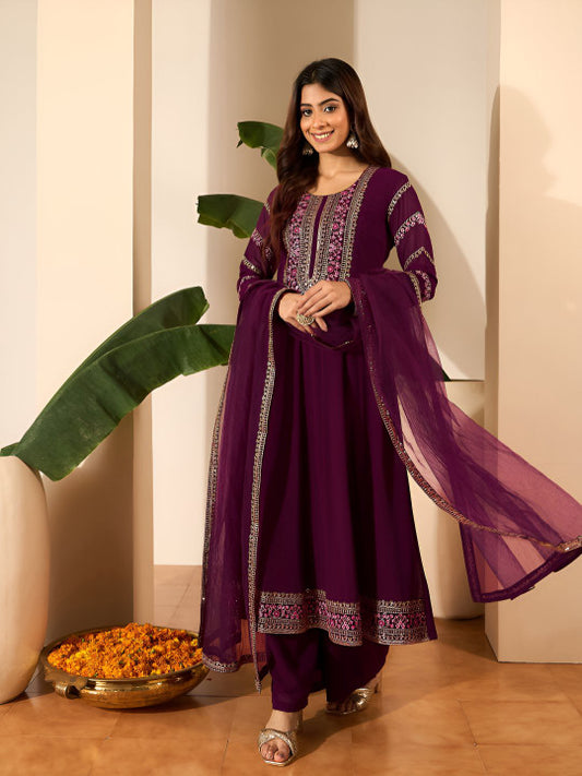 Inddus Ethnic Motifs Embroidered Empire Anarkali Kurta With Trousers & Dupatta