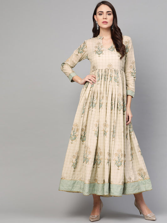 Idalia Women Beige & Golden Printed Maxi Dress