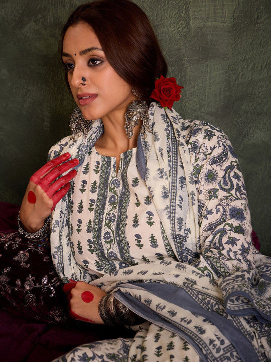 Indo Era Floral Printed Notch Neck Cotton Straight Kurta With Trousers & Dupatta