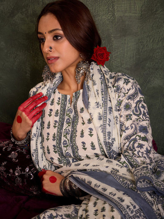 Indo Era Floral Printed Notch Neck Cotton Straight Kurta With Trousers & Dupatta