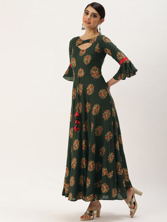 Ethnovog Green Ethnic Motifs Ethnic A-Line Maxi Dress