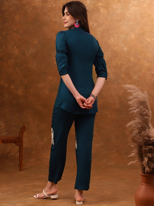 Anouk Blue Embroidered Tunic With Trousers Co-Ords