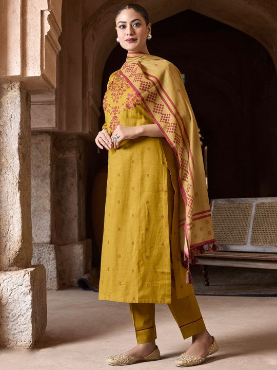 WOMEN PLUS Women Ethnic Motifs Embroidered Jamdani Pure Cotton Kurta Set