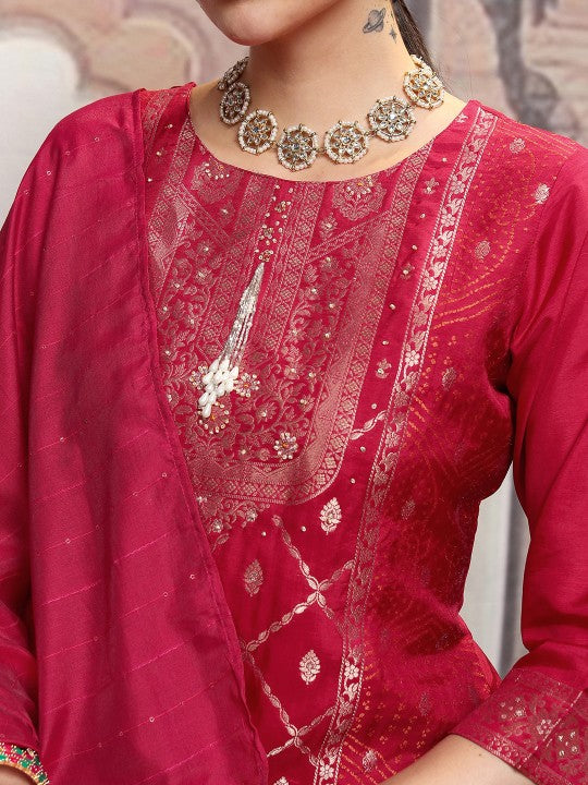 Vishudh Red Ethnic Motifs Printed Pure Cotton Straight Kurta With Trousers & Dupatta