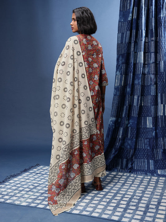 Taavi Indie Floral Block Printed Keyhole Neck Straight Bagru Kurta with Trousers & Dupatta