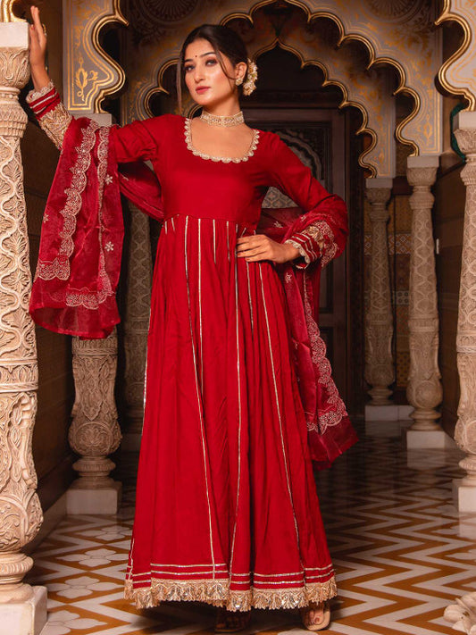 Calmna Gotta Patti Panelled Anarkali Kurta with Trousers & Dupatta