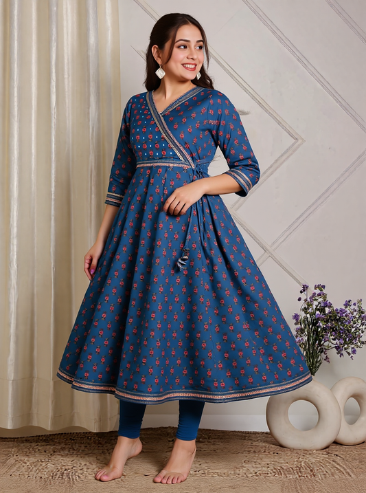 Embroidered Soft Cotton Floral Angrakha Blue Kurta