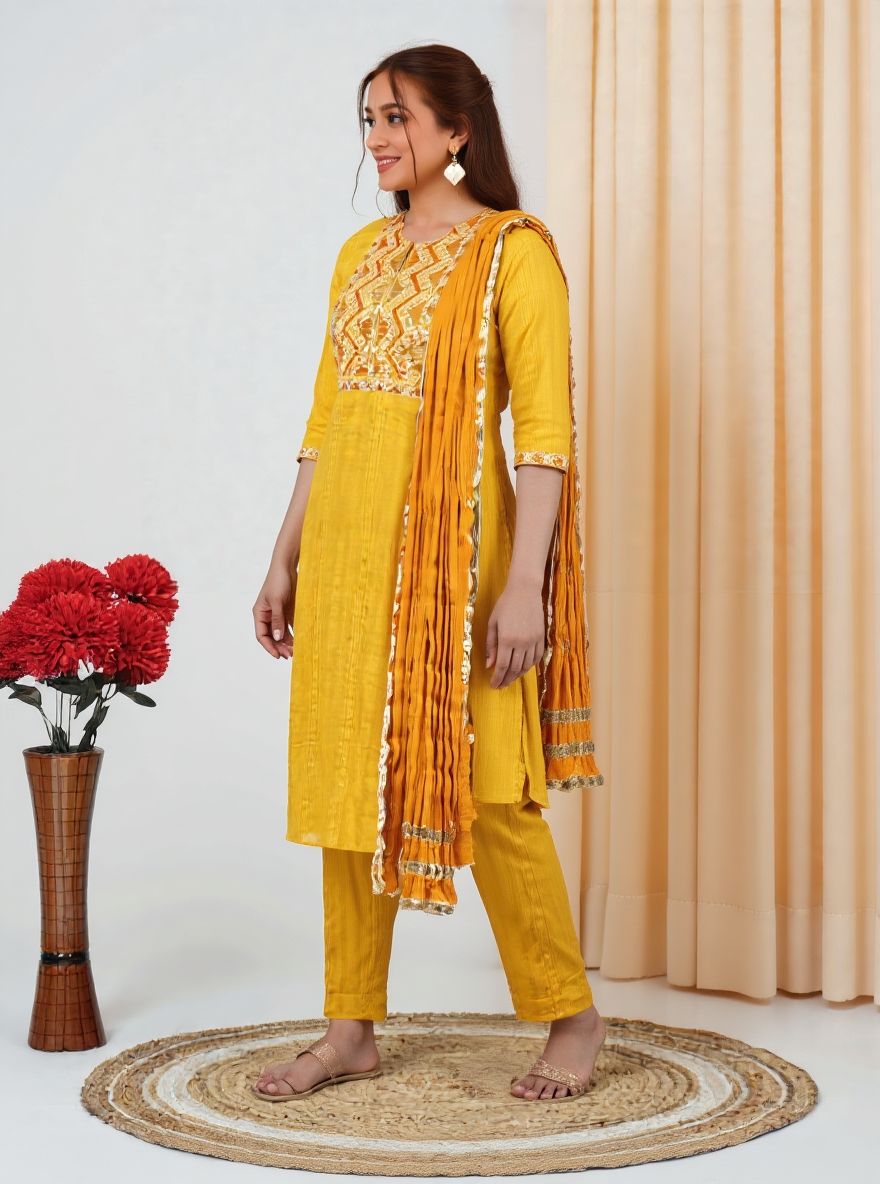 Embroidered Cotton Dobby Solid Yellow Kurta