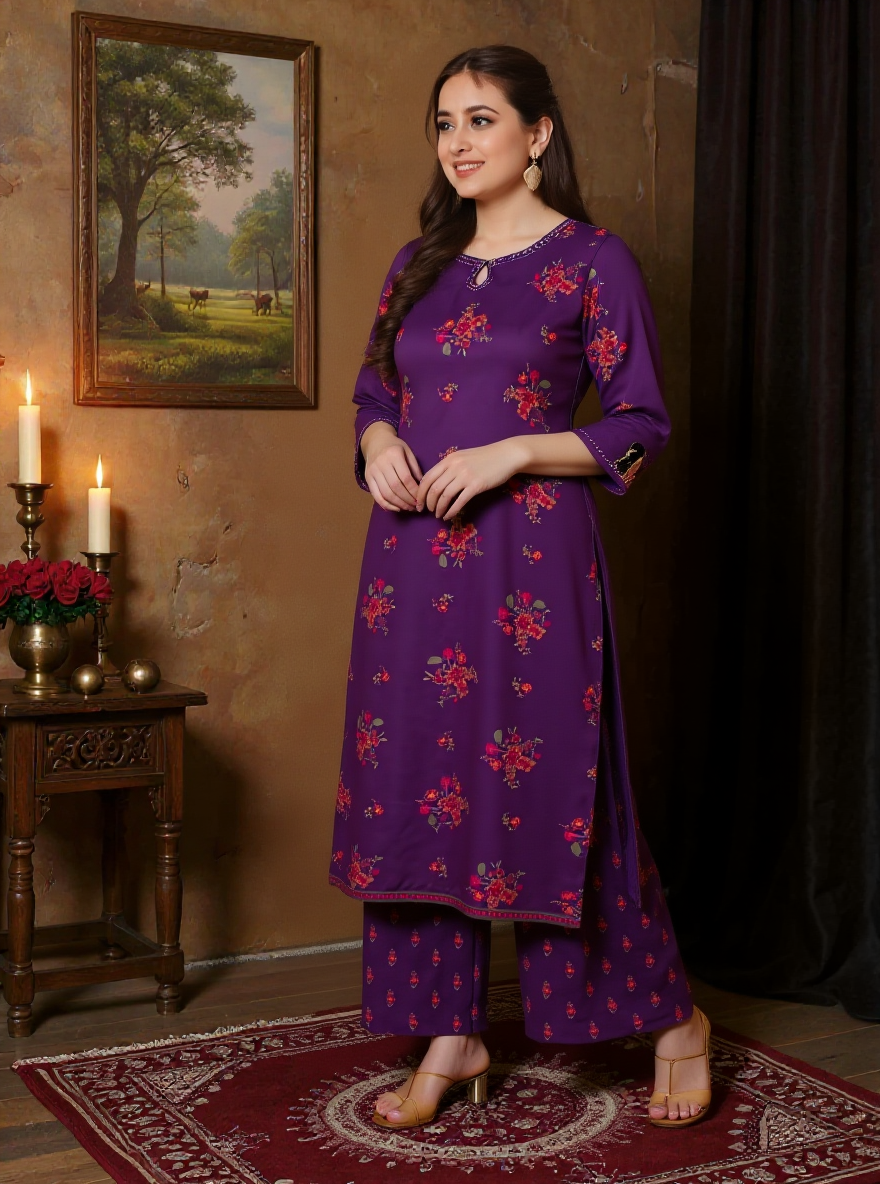 Embroidered Viscose Floral Straight Mauve Kurta