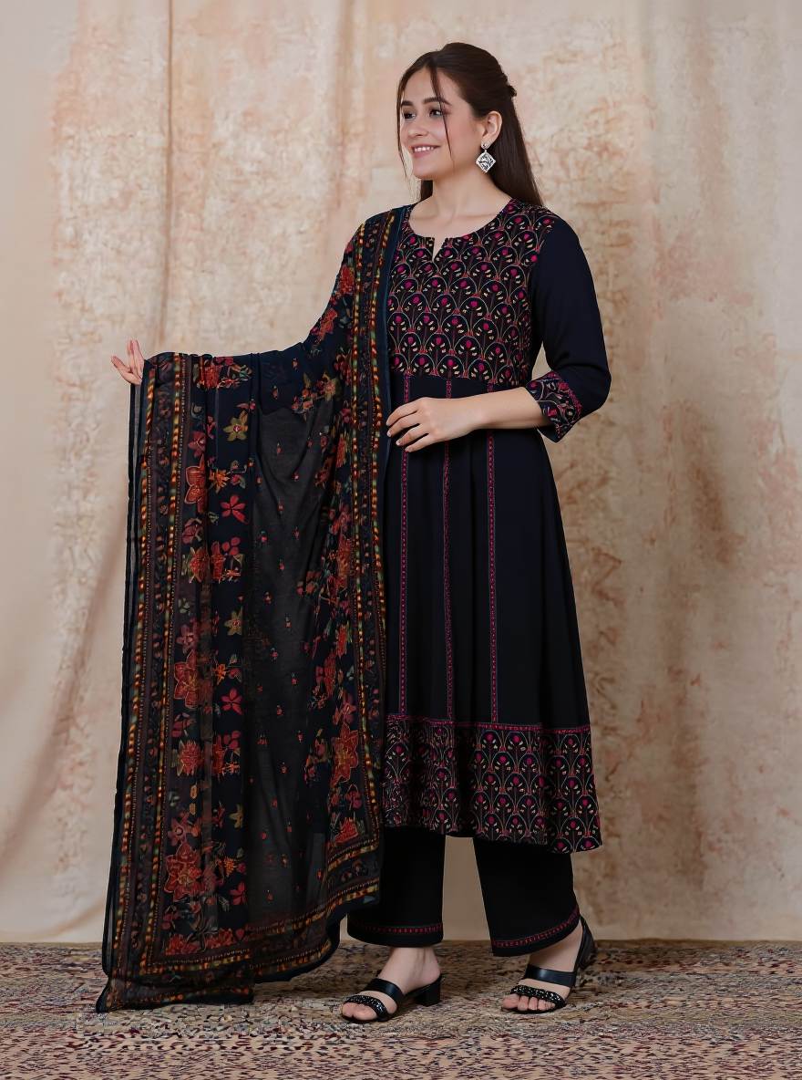 Viscose Solid Anarkali Black Kurta