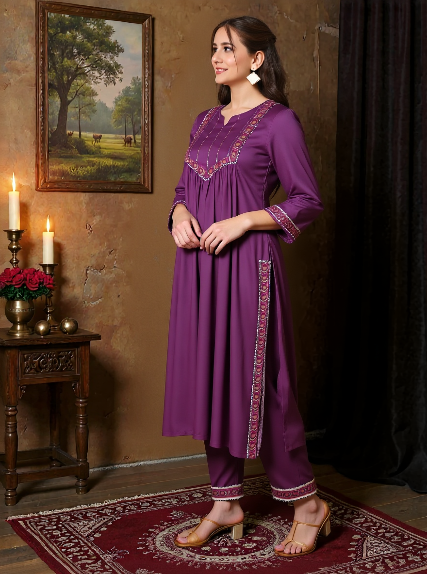 Viscose Solid Flared Mauve Kurta