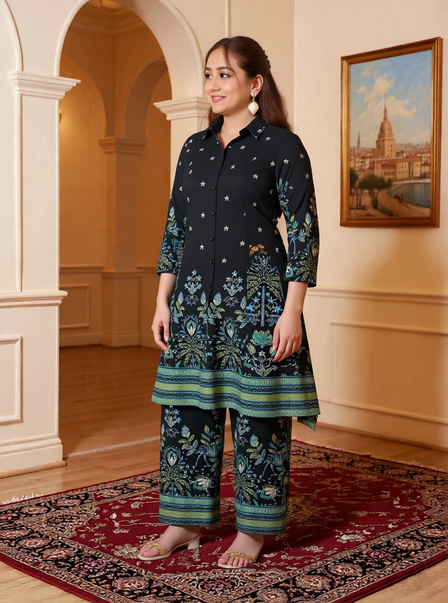 Soft Cotton Placement Print High Low Black Kurta