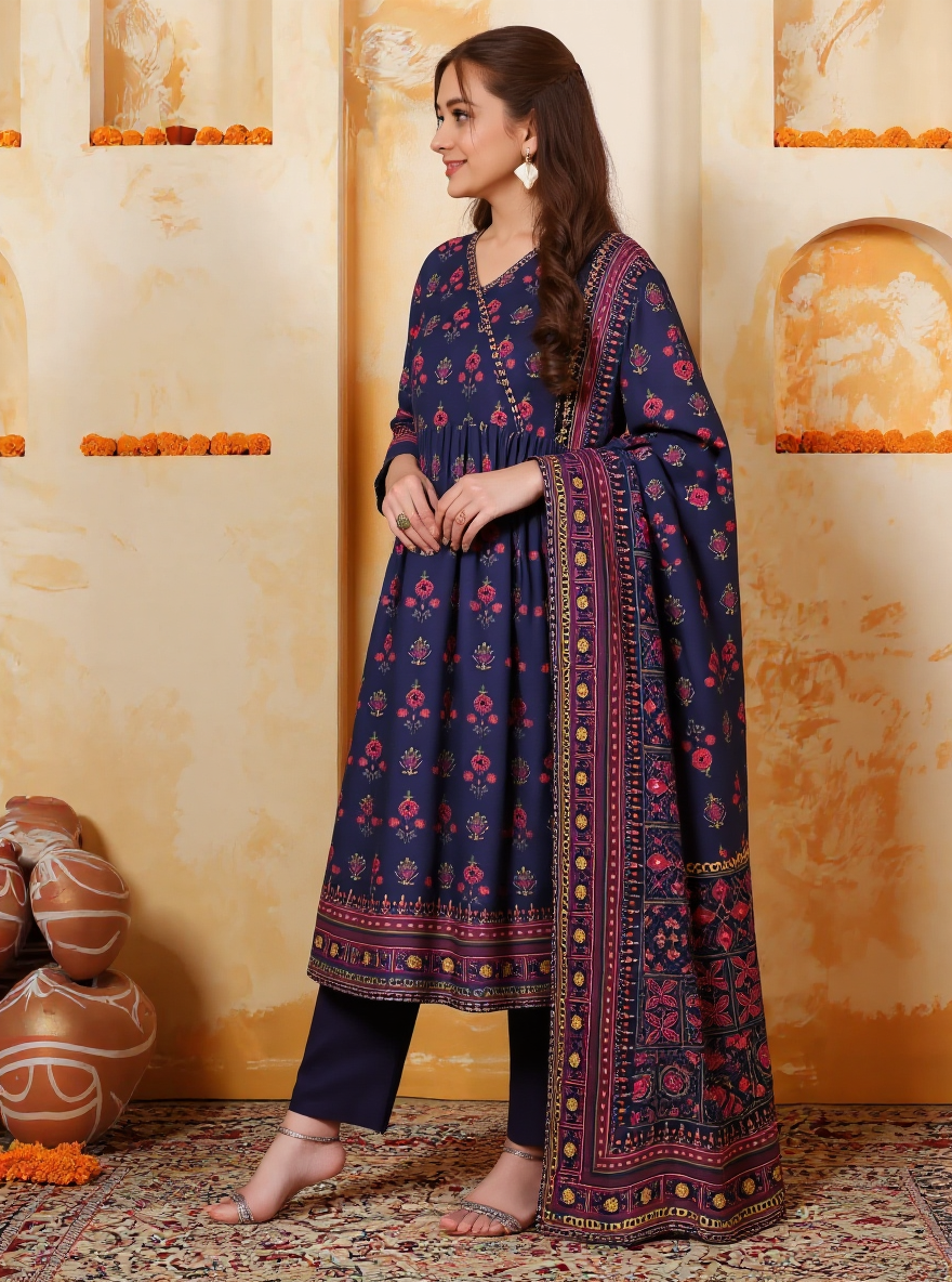 Soft Cotton Geometric Angrakha Purple Kurta