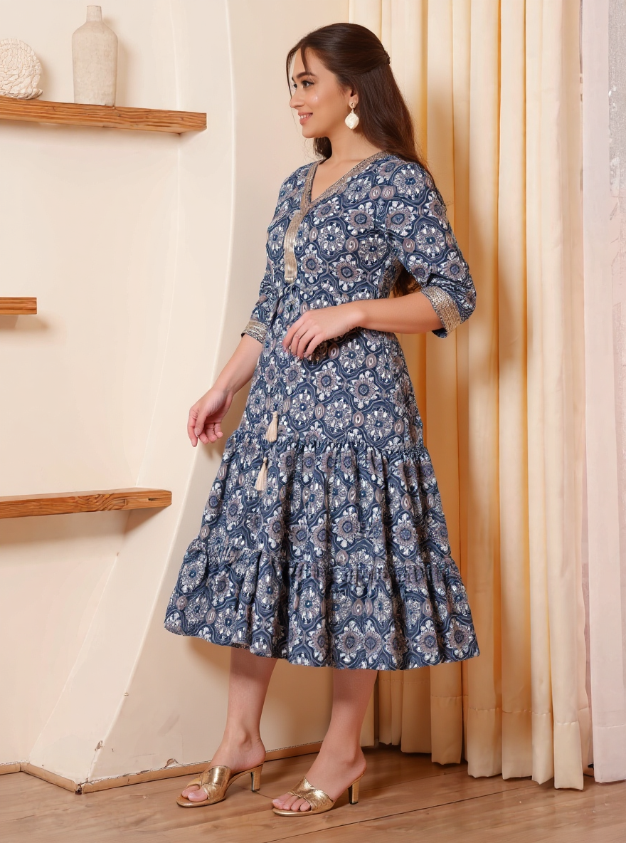 Embroidered Soft Cotton Geometric A-line Blue Dress
