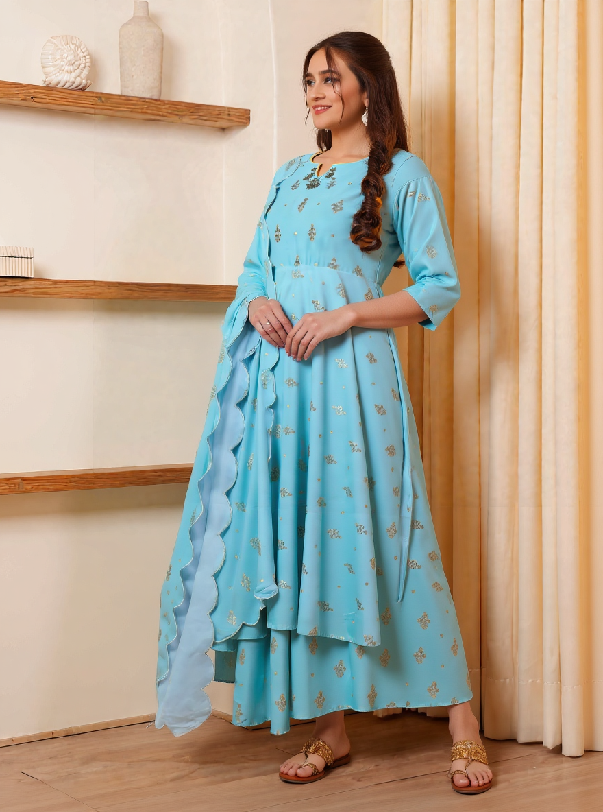 Embroidered Roman silk Gold foil Anarkali Green Kurta
