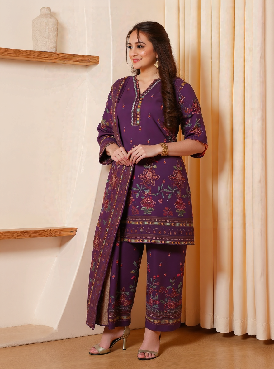 Viscose Placement Print A-line Mauve Kurta
