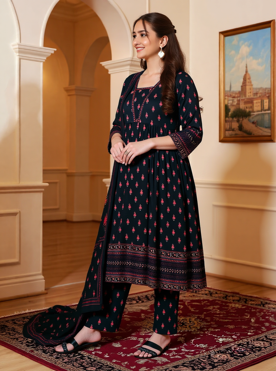 Viscose Floral Anarkali Black Kurta