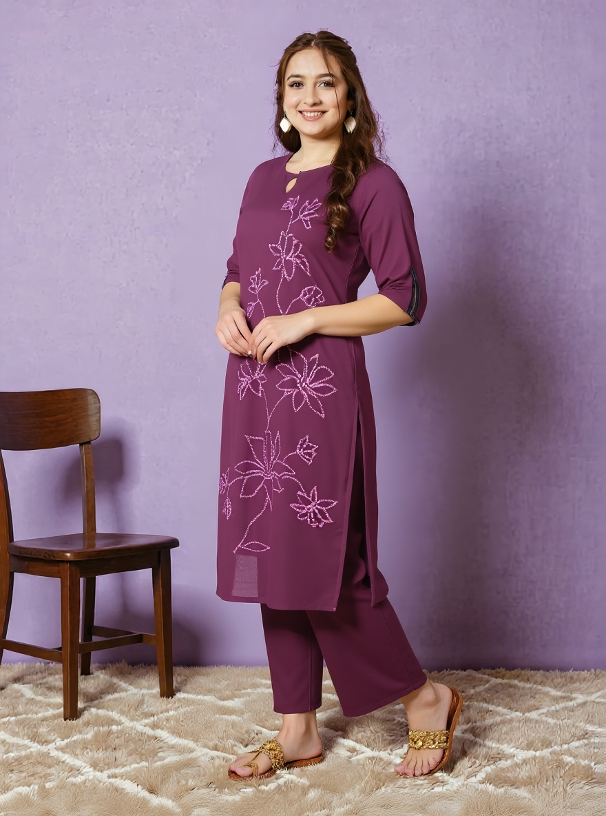 Embroidered Soft Cotton Solid Straight Wine Kurta