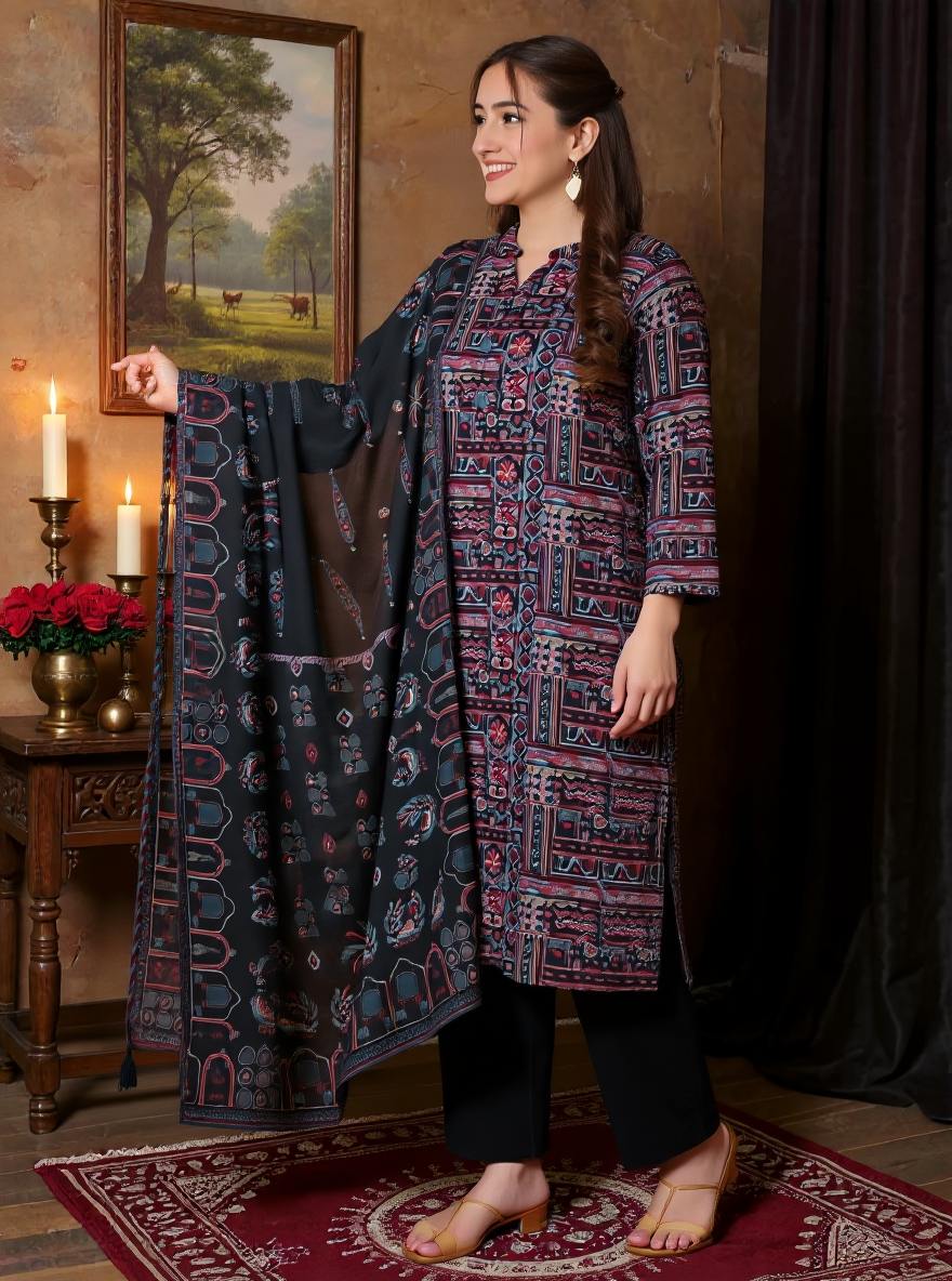 Viscose Patchwork Straight Black Kurta
