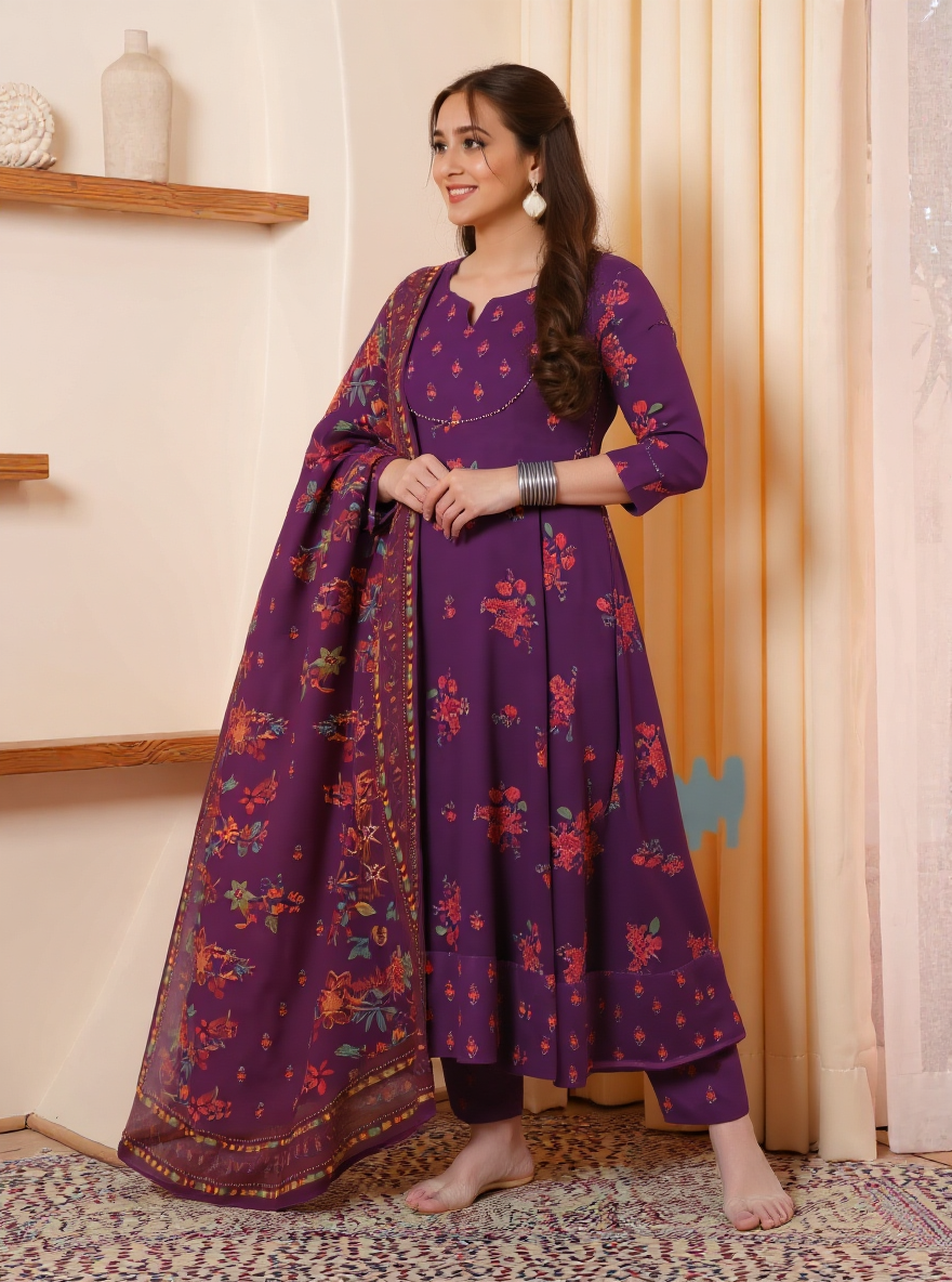 Embroidered Viscose Floral Anarkali Maroon Kurta